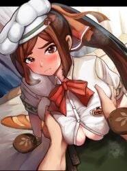 1boy 1girls apron baguette blush bow bread breasts brown_eyes brown_hair chef_hat chocolat_(crusaders_quest) cleavage crusaders_quest dafuyu drooling embarrassed female groping_breasts huge_breasts large_breasts looking_at_viewer male oven_mitts ponytail steam sweat unbuttoned