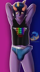 1boy 2023 aqua_regia_arts blue_hair boxers cap earrings erect_nipples erection erection_under_clothes gay horns original original_character poetry_falken precum pride_colors purple_skin shirt tiefling tiefling_boy twink yaoi yellow_eyes