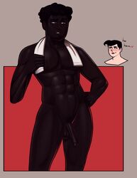 1boy 1girls abs beard black_hair brown_eyes dark-skinned_male dark_skin facial_hair flaccid fruit_basket_(jamesab) jamesab large_penis male_focus nude original_character pecs sabrina_hopkins_(jamesab) sweat towel_around_neck