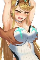 1boy armpits arms_up artist_request blonde_hair breasts circlet covered_nipples dark-skinned_male dark_skin earrings female grabbing grabbing_another's_breast grabbing_from_behind jewelry large_breasts long_hair mythra mythra_(radiant_beach)_(xenoblade) mythra_(xenoblade) nebitora netorare one-piece_swimsuit open_mouth simple_background straight swimsuit tagme_(artist) teeth textless_version upper_body upper_teeth_only v-shaped_eyebrows very_long_hair white_background white_one-piece_swimsuit xenoblade_(series) xenoblade_chronicles_(series) xenoblade_chronicles_2 yellow_eyes