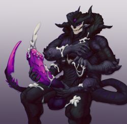 4_arms 6_eyes anthro balls big_penis black_body blade bodily_fluids corinoch cum cum_on_self demon excessive_cum excessive_genital_fluids genital_fluids genitals grin hi_res horn huge_cock male masturbation multi_arm multi_eye multi_limb multi_pec penis purple_eyes purple_penis ridged_penis sitting smile solo sovierdas spikes spikes_(anatomy) tail tail_blade weapon_tail