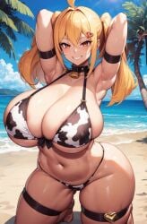 ai_generated bikini bikini_top blonde_hair cow_print_bikini curvaceous curvy_female haks huge_ass looking_at_viewer milkersenjoyer original saaya_(kirome) smiling thick_thighs thighs thighs_bigger_than_head twintails virtual_youtuber voluptuous voluptuous_female yellow_eyes