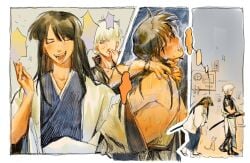 2boys after_sex androgynous annoyed asphyxiation black_hair blush cat choking eyes_rolling_back from_behind gay ginsp00n gintama gintoki_sakata implied_anal implied_sex instant_loss katsura_kotarou kimono long_hair long_hair_male male male_only multiple_images neck_grab smug sweat yaoi