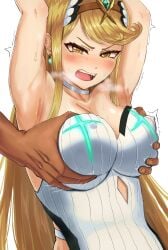 1boy armpits arms_up artist_request blonde_hair breasts circlet covered_nipples dark-skinned_male dark_skin earrings female grabbing grabbing_another's_breast grabbing_from_behind heavy_breathing jewelry large_breasts long_hair motion_lines mythra mythra_(radiant_beach)_(xenoblade) mythra_(xenoblade) nebitora netorare one-piece_swimsuit open_mouth simple_background straight swimsuit tagme_(artist) teeth textless_version upper_body upper_teeth_only v-shaped_eyebrows very_long_hair white_background white_one-piece_swimsuit xenoblade_(series) xenoblade_chronicles_(series) xenoblade_chronicles_2 yellow_eyes