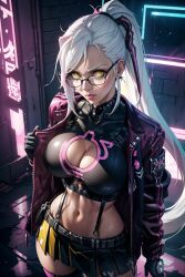 1female 2d 2d_(artwork) abdomen abdominals ai_generated anime anime_style belly_button belt big_breasts breasts choker cleavage cleavage_cutout crop_top cyberpunk female female_focus female_only fit_female from_above glasses glasses_on_face glasses_only gloves hair_between_eyes hd hd_(traditional) high_resolution highres hourglass_figure jacket jacket_open light light-skinned_female lips lipstick long_hair looking_at_viewer miniskirt model navel neon neon_lights ponytail pose posing posing_for_the_viewer realistic serious serious_look shiny shiny_breasts shiny_clothes shiny_hair shiny_skin simple_background skirt sky4maleja sleeveless straight_hair suspenders thighs track_jacket waist white_hair yellow_eyes