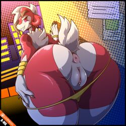 2017 anus ass ass_grab back big_ass canine clitoris eyelashes female female_focus female_only furry looking_at_viewer looking_back lycanroc midnight_lycanroc nintendo patreon pink_eyes pokémon_(species) pokemon pokemon_sm pussy r-mk red_fur smile tail teeth text thick_thighs thighs