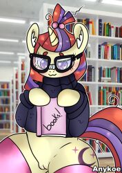 anykoe book broken_glasses clothing equid equine eyewear female feral footwear friendship_is_magic genitals glasses hair hasbro horn inner_ear_fluff latex library looking_at_viewer mammal messy_hair moondancer_(mlp) my_little_pony mythological_creature mythological_equine mythology pussy signature socks solo sweater text topwear tuft unicorn vagina