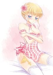 07th_expansion 1girls apron apron_only beato beatrice_(umineko) blonde_female blonde_hair blue_eyes blush breasts embarrassed flower flower_in_hair large_breasts naked_apron seacats sitting slim_girl stockings tattoo umineko_no_naku_koro_ni when_they_cry young young_female young_woman