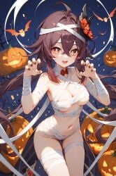 absurd_res ai_generated bandage claw_pose genshin_impact halloween halloween_costume hu_tao_(genshin_impact) ministro mummy mummy_costume naked_bandage