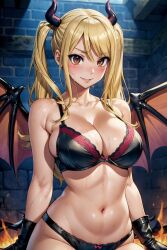 1girls 1monster ai_generated amber_eyes belly_button bikini blonde_hair blush cleavage demon_horns demon_wings fairy_tail fire jinzo1993 long_hair looking_at_viewer lucy_heartfilia orange_eyes succubus succubus_wings