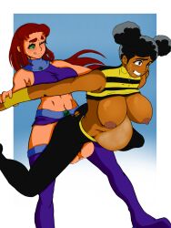 1futa 1girls abs alien alien_futanari arms_behind_back balls balls_clenching bent_over big_belly breasts brown_eyes bumblebee_(dc) clothed clothed_sex clothing color cum cum_in_pussy cum_inflation cum_inside dark-skinned_female dark_skin dc dc_comics duo ejaculation erection female fucked_senseless futa_on_female futanari green_eyes hentaidges huge_balls huge_cock human humanoid inflation intersex large_breasts leather_pants light-skinned_futanari light_skin mostly_clothed orgasm penis red_hair ripped_clothing rolling_eyes sex shocked_expression skirt standing_sex starfire stockings teen_titans tongue torn_clothes