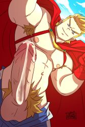 1boy armpit_hair balls bara barazoku big_balls big_penis blonde_hair clothing cum cum_drip cum_dripping_from_penis erection genital_fluids looking_at_viewer male male_nipples male_only male_pubic_hair mirio_togata muscular_male my_hero_academia nipples penis usagi_(artist)