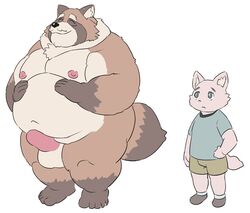 00murice 2019 anthro balls belly canine closed_eyes clothing duo erection humanoid_hands male male_only mammal moobs navel nipples overweight overweight_male penis shirt short simple_background tanuki white_background young