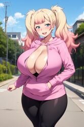 ai_generated blonde_hair blue_eyes breasts_bigger_than_head gigantic_breasts gyaru huge_ass jk_bitch_ni_shiboraretai large_breasts looking_at_viewer milkersenjoyer mommy multicolored_hair smiling thick_thighs thighs twintails voluptuous voluptuous_female workout_clothes yariko