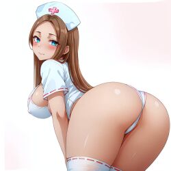 ai_generated ass_focus bent_over big_ass big_breasts blue_eyes blush busty cleavage curvy female female female_only from_behind hi_res highres looking_at_viewer nurse nurse_cap nurse_uniform original_character perky_breasts seraphim_ai smile solo stable_diffusion thighhighs