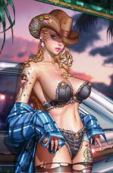 1girls blonde_hair cigarette cleavage cowboy_hat denim denim_clothing hat kyuyong_eom large_breasts tattoo