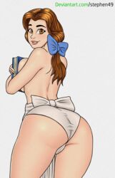 1girls ass back_view beauty_and_the_beast belle big_ass brown_eyes brown_hair dat_ass disney disney_princess female female_only panties solo stephen49 topless white_panties