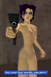 angry breasts bungie konoko looking_at_viewer mai_hasegawa nude oni_(game) pistol purple_hair pussy