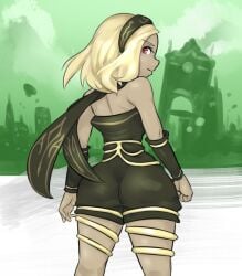 ass back big_ass blonde_hair clothed gravity_daze gravity_rush green_background hairband headwear kat_(gravity_rush) legs legwear looking_back red_eyes scarf short_hair tan-skinned_female tan_body tan_skin tanned tanned_female tanned_skin thick