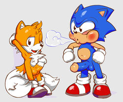 anthro balls blush breath canine chest_tuft clothing cub duo erection footwear fox fur gloves hedgehog looking_at_viewer male mammal navel neokat open_mouth penis shoes simple_background sonic_(series) sonic_the_hedgehog standing tails tuft yaoi young