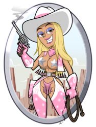 1girls 2017 accurate_art_style bellybutton belt big_breasts blonde breasts britney_britney_(fairly_oddparents) brown_eyes bullets chaps clothing cow_girl cowboy_hat cowgirl crotchless_pants desert dlt farmgirl female female_only firearm gloves gun handgun human large_breasts lasso looking_at_viewer mountains nickelodeon nipple_covers no_bra no_shirt pale_skin panties pasties pink_gloves pink_panties pink_scarf pink_vest revolver scarf seductive seductive_look seductive_smile smile solo solo_female sparkles star straight_hair teeth teeth_showing the_fairly_oddparents topless transparent_background vest weapon whip wide_hips wrong_eye_color