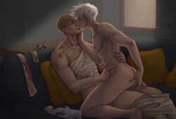 2boys gay jojowolist jujutsu_kaisen kento_nanami male male/male male_only nude nude_male satoru_gojo yaoi