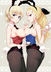 2girls absurdres animal_ears ass assam braid breast_press breasts breasts_out brown_legwear bunny_ears bunny_tail bunnysuit darjeeling detached_collar earrings enty_reward eyebrows eyebrows_visible_through_hair fake_animal_ears finger_to_mouth fishnet_pantyhose fishnets girls_und_panzer hair_ribbon highres holding jewelry large_breasts long_hair looking_at_viewer medium_breasts multiple_girls noripachi paid_reward pantyhose profile ribbon sideboob sparkle symmetrical_docking tail tea translation_request tray wrist_cuffs