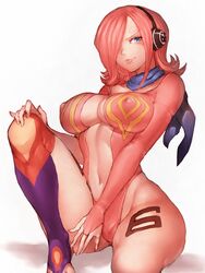 1girls big_breasts blue_eyes breasts cleavage erect_nipples female female_only fumio_(rsqkr) hair_over_eye hair_over_one_eye headphones large_breasts looking_at_viewer nipples one_piece pink_hair princess raid_suit solo vinsmoke_reiju