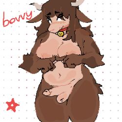 anthro balls bell bell_collar belly big_breasts bovid bovine bovvy breasts brown_body collar genitals hair heresysheep horn intersex long_hair male mammal nipples nude penis slightly_chubby solo standing text thick_thighs