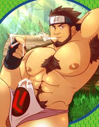 1boy armpit_hair balls bara barazoku beard boner bulge bulge_through_clothing daddy erection erection_under_clothes hairy_chest male male_nipples male_only male_pubic_hair manly mature_male muscular_male naruto naruto_(series) nipples penis penis_outline precum precum_drip sarutobi_asuma solo solo_male usagi_(artist)