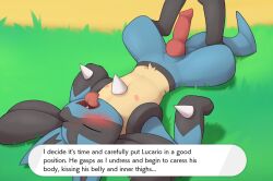 blush blush erection lucario lying lying_on_back male_lucario pocket_campfire pokémon_(species) pokemon pokemon_(species) tongue tongue_out