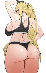 1girls alternate_version_available ass back back_view backboob big_ass big_breasts black_shorts blonde_female blonde_hair blush bottomwear breasts creatures_(company) dat_ass efto_(pixiv) female female_only from_behind game_freak hair hand_on_head hime_cut huge_ass looking_back lusamine_(pokemon) mature mature_female mature_woman milf mole_on_thigh mother pokemon pokemon_sm ponytail solo solo_female sports_bra sportswear sweat sweatdrop sweating sweaty thick_thighs thighs topwear