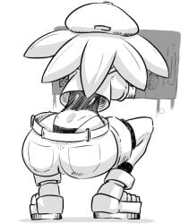 1girls ass big_ass mega_man mega_man_legends monochrome panties roll_caskett shorts squatting thong thong_panties