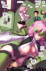 1boy 1girls bare_breasts bare_thighs big_ass big_breasts big_thighs brown_hair bulge color comic demon_slayer english_text female fred_perry green_eyes hi_res kamado_tanjirou kanroji_mitsuri kimetsu_no_yaiba kneeling light-skinned_female light-skinned_male light_skin long_hair male male/female nipples page_2 panties pink_hair scar stockings tagme tanjiro_kamado text text_bubble thick_thighs