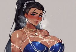 ai_generated blue_eyes blush cum cum_everywhere cum_on_breasts cum_on_face dc dc_comics diana_prince earrings huge_breasts jewelry musk musk_clouds nipple_slip ponytail roughtriumph solo tagme tan_skin wonder_woman wonder_woman_(series)