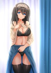 bra female idolmaster idolmaster_cinderella_girls kazenokaze looking_at_viewer panties sagisawa_fumika shirt_lift skirt_lift solo stockings