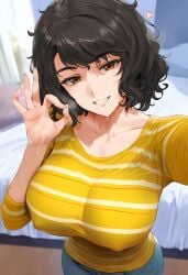 ai_generated bedroom big_breasts brown_hair covered_nipples erect_nipples erect_nipples_under_clothes fellatio_gesture large_breasts lungart nipple_bulge nipples nipples_visible_through_clothing persona persona_5 sadayo_kawakami selfie short_hair skin_tight smile tight_clothing tight_shirt