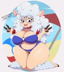 anthro beach bigdon1992 bikini bikini_bottom bikini_top blue_bikini blue_bikini_bottom blue_bikini_top breasts cleavage dialogue ewe female female_focus female_only glasses peace_sign pov sheep sheep_ears sheep_girl sheep_humanoid thick_thighs thighs v