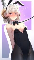 1girls aurora_atria blushing bunny_ears bunnysuit female female_focus female_only grey_hair horns hypnosis hypnotized latam_virtual_youtuber leash lefolk light-skinned_female light_skin ryncka short_hair simple_background small_breasts solo solo_female spiral_eyes standing sweat virtual_youtuber vtuber