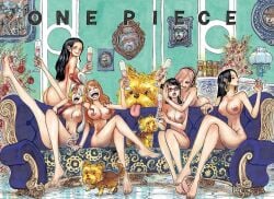 6girls boa_hancock casual_nudity ecchiroyoda feet female female_focus female_only girls_only hancock laugh laughing multiple_girls nami nami_(one_piece) nico_robin nipples nonsexual_nudity nude nude_female nude_filter official_art official_artwork_edit one_piece post-timeskip reiju tashigi third-party_edit tongue tongue_out uta_(one_piece) vinsmoke_reiju wine wine_glass