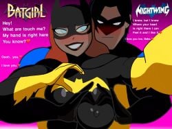 barbara_gordon batgirl big_breasts black_hair busty couple_love dc dc_comics dcau dick_grayson djpaint96-ii grabbing_breast hand_on_breast heart_symbol justice_league_unlimited love male nightwing orange_hair selfie superhero superheroine young_justice_unlimited