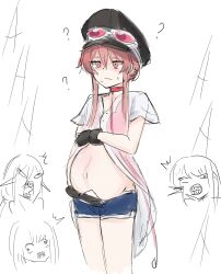 1boy 3girls belly belly_button belly_grab femboy hat male_pregnancy pink_eyes pink_hair pregnant