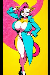 1girls ai_generated anthro big_breasts cat_ears cleavage clothed furry furry_only huge_breasts monique_pussycat orange_eyes purple_hair roger1011 solo super_fuck_friends