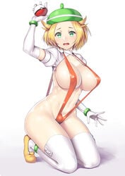 1girls bianca_(pokemon) blonde_hair blush breasts elbow_gloves female female_only flats gloves green_eyes hat human looking_at_viewer nagase_haruhito open_mouth poke_ball pokemon short_hair sling_bikini solo swimsuit thighhighs white_legwear