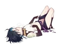 1boy 1femboy arm_gloves blue_hair exposed_stomach exposed_thighs femboy genshin_impact gloves lifting_shirt male male_only multicolored_hair pale_skin panting skinny solo_male tagme tattoo tattooed_arm twink xiao_(genshin_impact) yaoi young