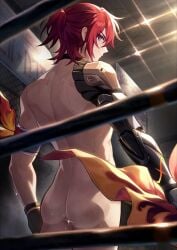 1boy anus ass back_view blue_eyes cybernetics edit honkai:_star_rail honkai_(series) light_cone looking_at_viewer looking_back luka_(honkai:_star_rail) male nude red_hair scissor_w_gwen showing_ass smile sparkle sweat tagme