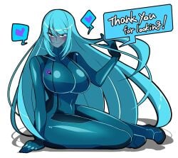 blue_eyes blue_hair blue_skin blush breasts colored_skin dark_samus heart iriomote_umineko large_breasts long_hair looking_at_viewer metroid nintendo skin_tight smile speech_bubble symbol thick_thighs thighs zero_suit