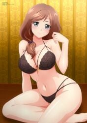 belly_button big_ass big_breasts black_lingerie black_panties brown_hair cleavage detailed_background eyebrows_visible_through_hair feet gray_eyes hair_over_shoulder hairband hourglass_figure indoors light_blush lingerie lingerie_only looking_at_viewer mature_female original original_character pattern_underwear side_ponytail sitting smiling_at_viewer thick_thighs wallpaper_(decoration) wooden_floor zel-sama