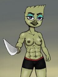 1girls abs anthro avian big_breasts breasts disney ducktales female female_only gabby_mcstabberson muscles navel nipples nudity partial_nudity solo sword weapon