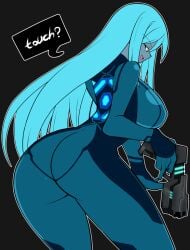 black_background blue_eyes blue_hair blue_skin blush breasts colored_skin dark_samus female gun iriomote_umineko large_breasts line_art long_hair looking_at_viewer looking_back metroid nintendo skin_tight smile speech_bubble straight_hair symbol teasing thick_thighs thighs unfinished weapon zero_suit